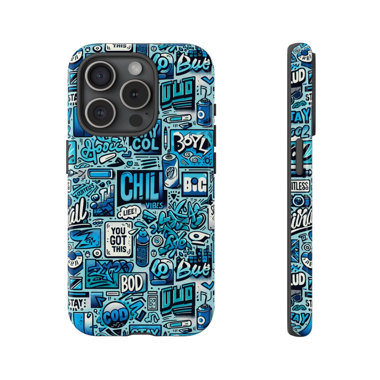 vibrant retro graffiti phone case in blue for men and women stylish protection accessory compatible with iphone 13, 14, 15 & 16 – all models including pro, pro max & plus