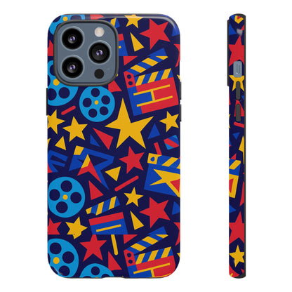 Vibrant Movie Theme Protective Phone Case with 3D Wrap Design – Colourful Stars and Film Reels – Stylish Protection Compatible with iPhone 13, 14, 15 & 16 – All Models Including Pro, Pro Max & Plus