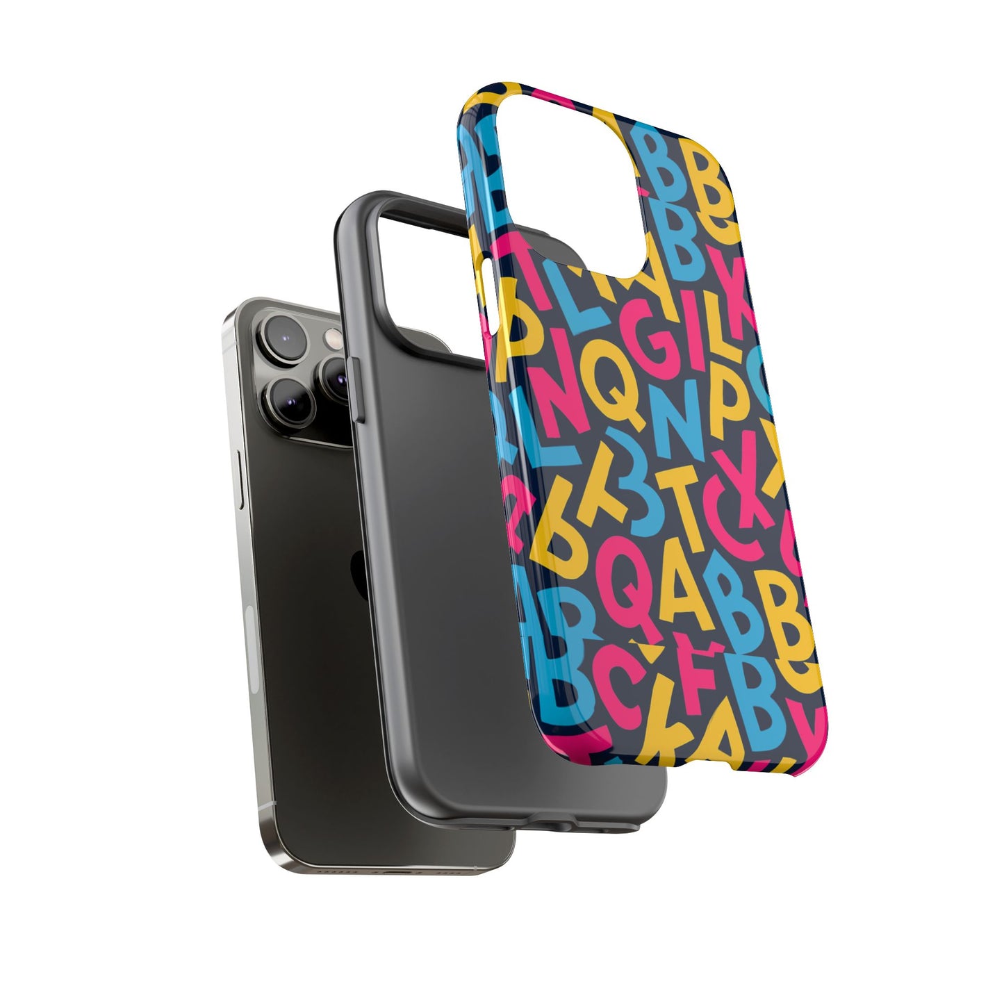 multicolour 3d wrap phone case with playful alphabet design – stylish protection for smartphones compatible with iphone 13, 14, 15 & 16 – all models including pro, pro max & plus