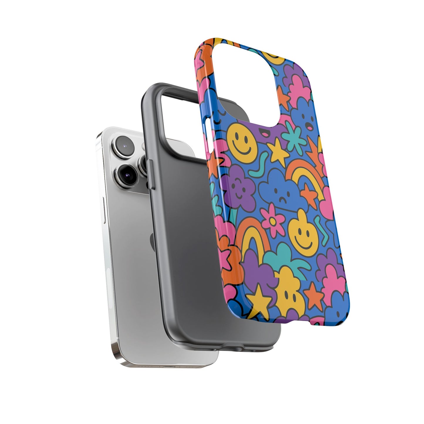 vibrant cartoon protective phone case with playful multicolour design – unisex fashion accessory – compatible with iphone 13, 14, 15 & 16 – all models including pro, pro max & plus