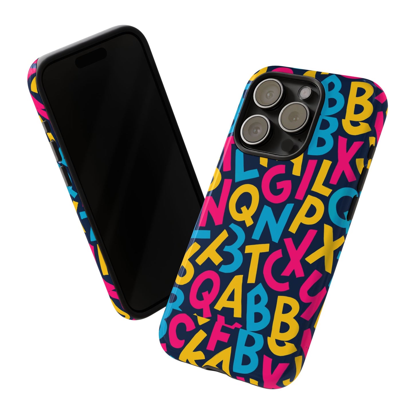 multicolour 3d wrap phone case with playful alphabet design – stylish protection for smartphones compatible with iphone 13, 14, 15 & 16 – all models including pro, pro max & plus