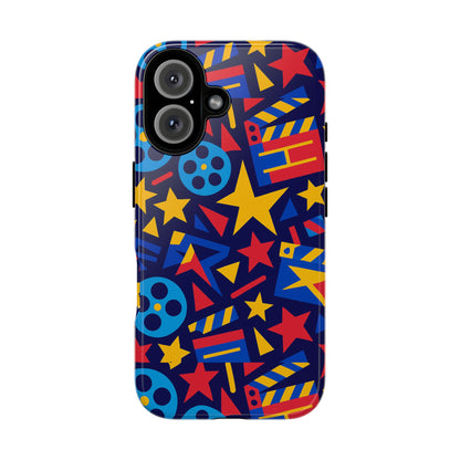 Vibrant Movie Theme Protective Phone Case with 3D Wrap Design – Colourful Stars and Film Reels – Stylish Protection Compatible with iPhone 13, 14, 15 & 16 – All Models Including Pro, Pro Max & Plus