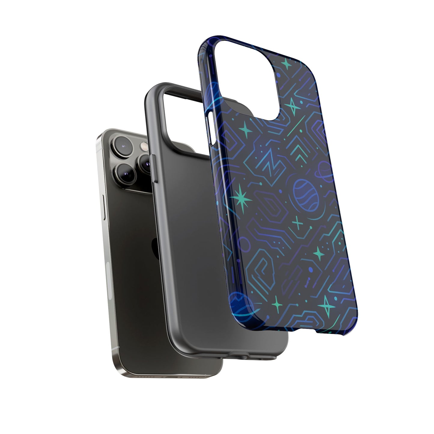 vibrant space design protective phone case in blue and green 3d wrap for stylish protection compatible with iphone 13, 14, 15 & 16 – all models including pro, pro max & plus
