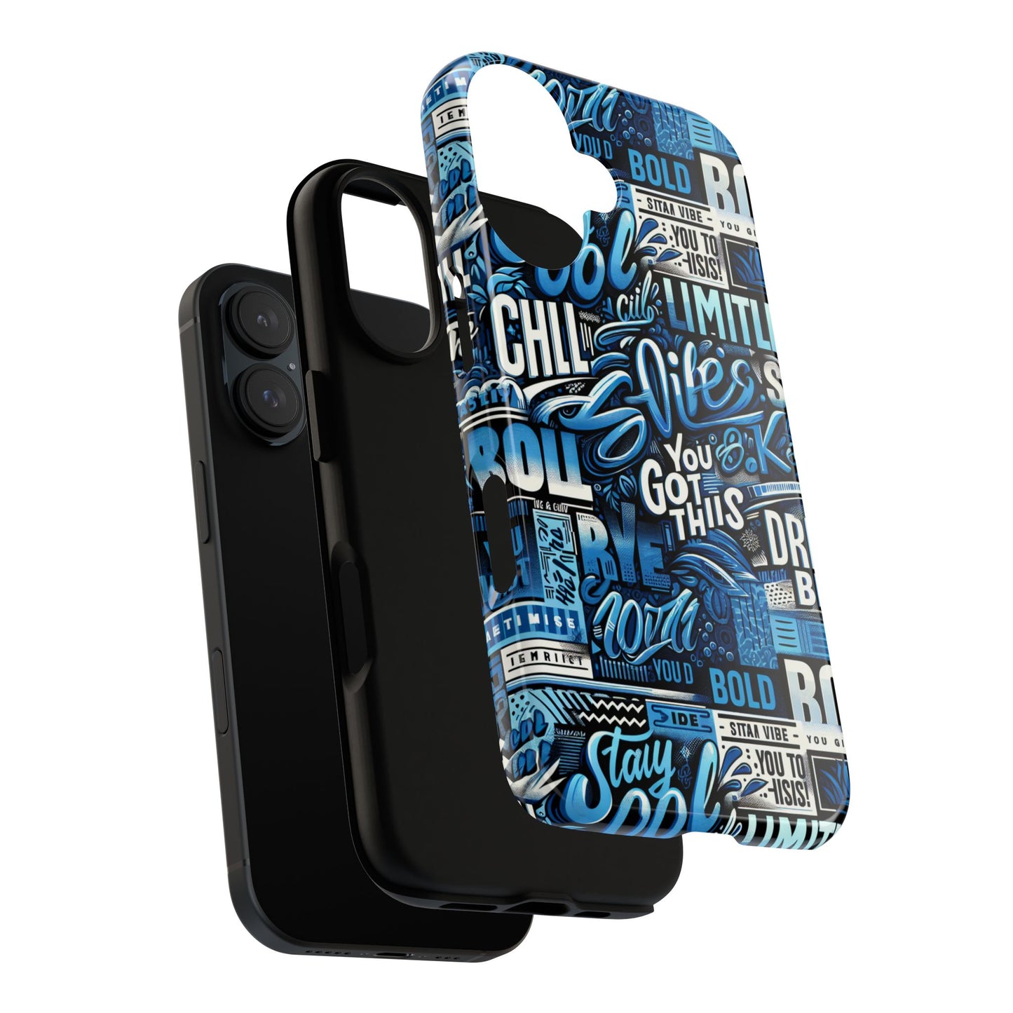 vibrant protective phone case with playful typography design in blue – stylish self-expression accessory compatible with iphone 13, 14, 15 & 16 – all models including pro, pro max & plus
