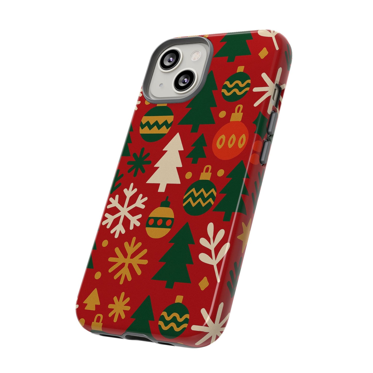 vibrant red 3d wrap protective phone case with christmas tree and ornament design for stylish protection compatible with iphone 13, 14, 15 & 16 – all models including pro, pro max & plus