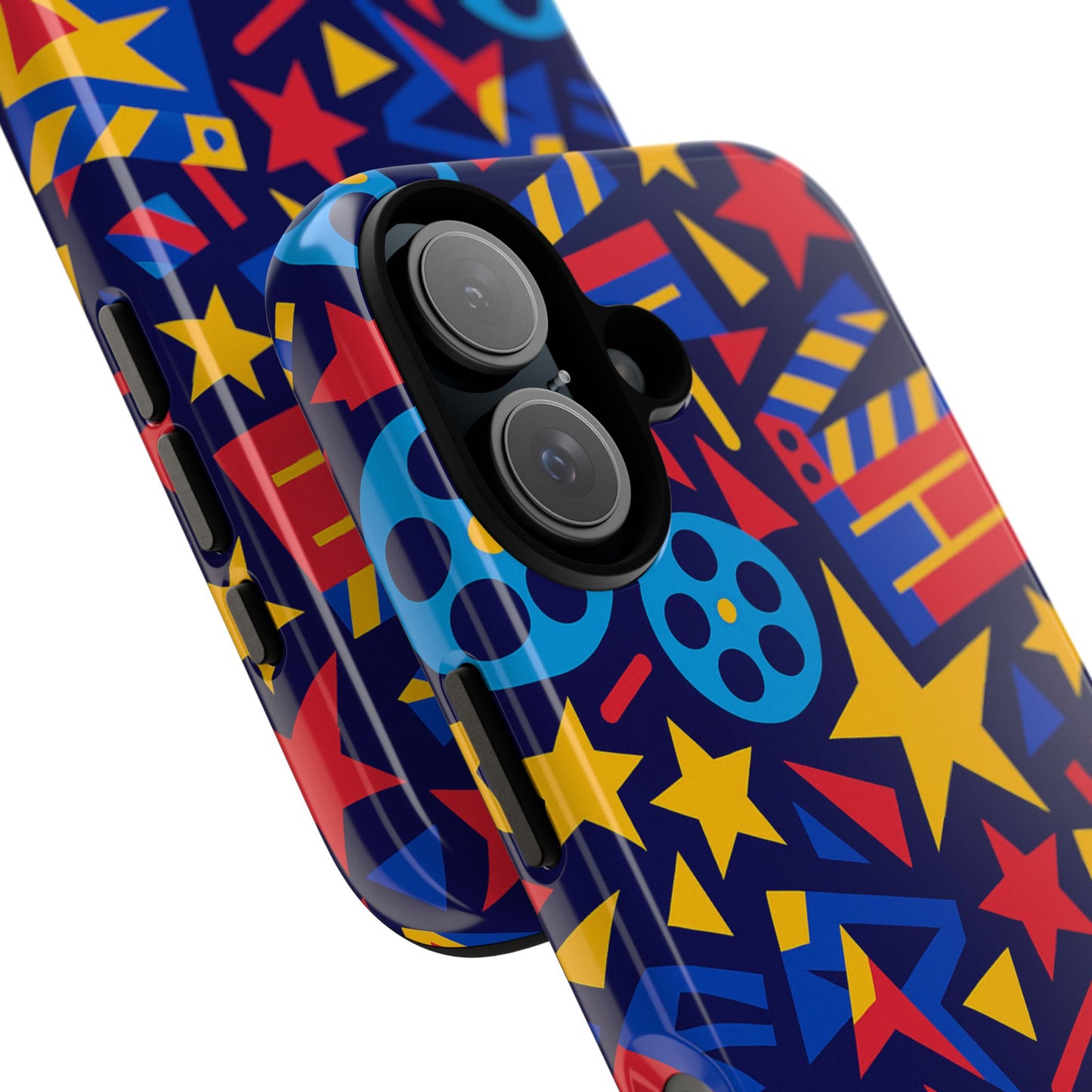 vibrant movie theme protective phone case with 3d wrap design – colourful stars and film reels – stylish protection compatible with iphone 13, 14, 15 & 16 – all models including pro, pro max & plus