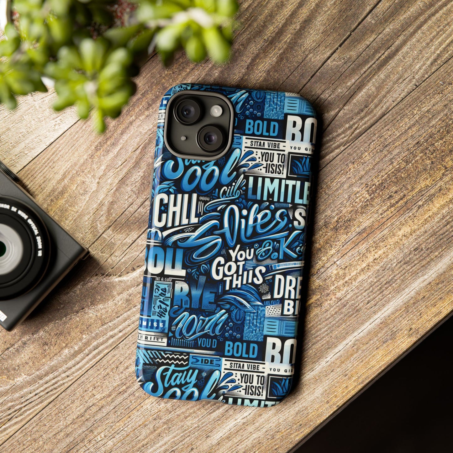 vibrant protective phone case with playful typography design in blue – stylish self-expression accessory compatible with iphone 13, 14, 15 & 16 – all models including pro, pro max & plus