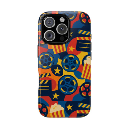 Vibrant Movie-Themed Protective Phone Case with Colourful Film Reel and Popcorn Design for Stylish Protection Compatible with iPhone 13, 14, 15 & 16 – All Models Including Pro, Pro Max & Plus