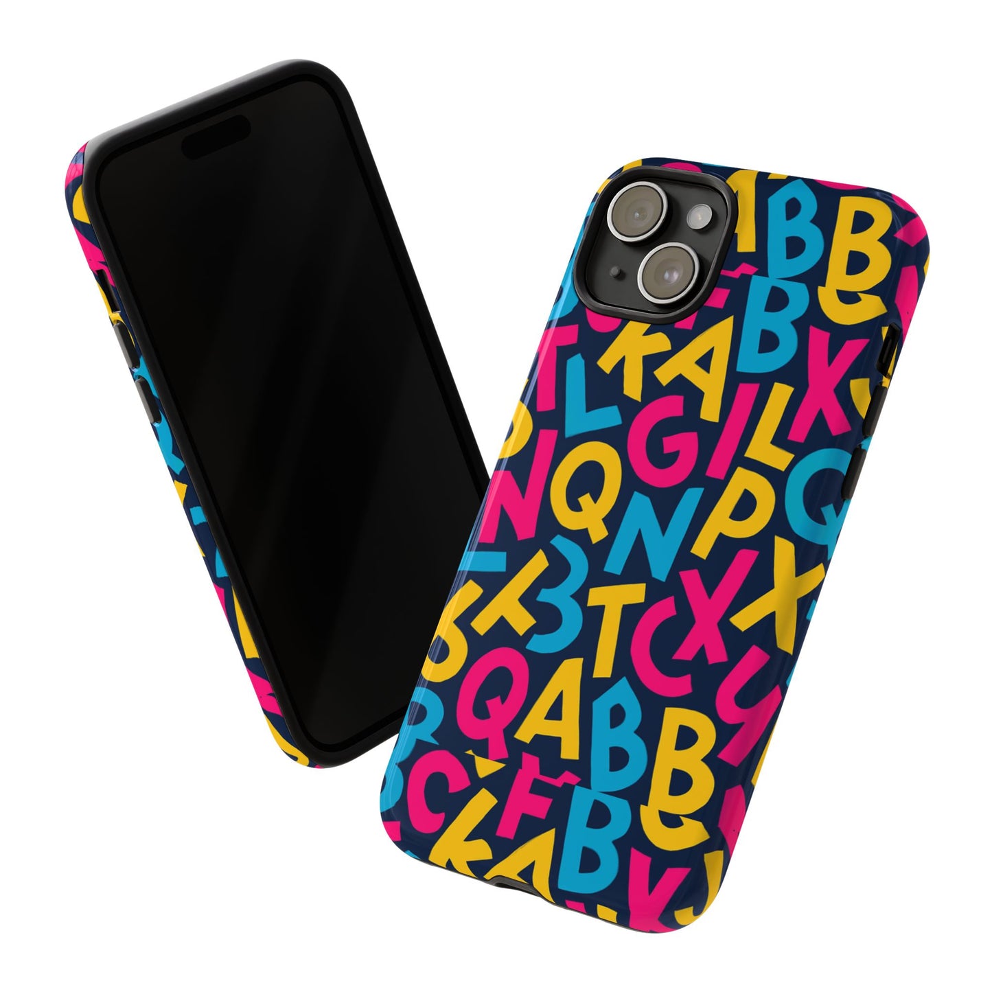 multicolour 3d wrap phone case with playful alphabet design – stylish protection for smartphones compatible with iphone 13, 14, 15 & 16 – all models including pro, pro max & plus