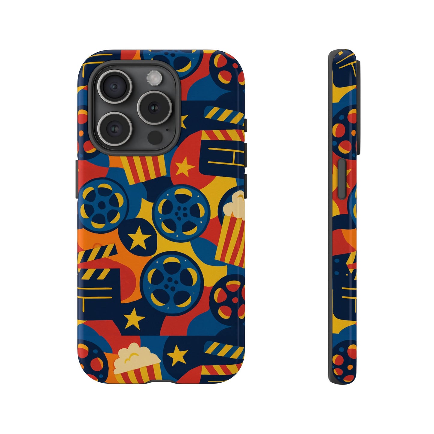 vibrant movie-themed protective phone case with colourful film reel and popcorn design for stylish protection compatible with iphone 13, 14, 15 & 16 – all models including pro, pro max & plus