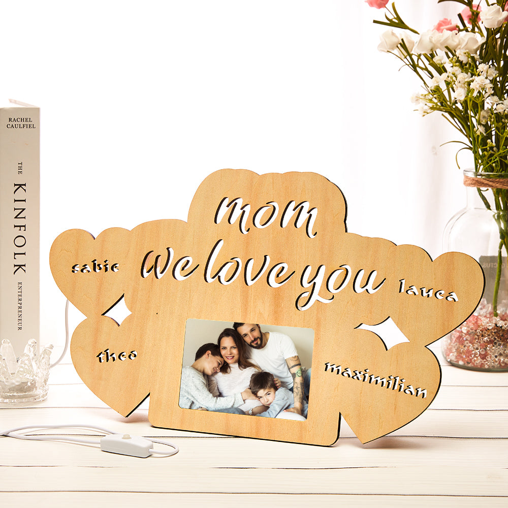 custom engraved name night lamp photo frame night light for mom, wooden plywood frame with usb port, ideal gift for mother's day, family portrait decor