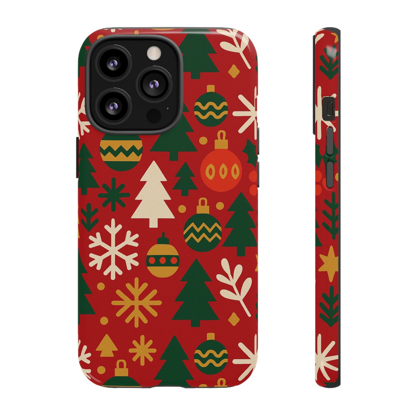 vibrant red 3d wrap protective phone case with christmas tree and ornament design for stylish protection compatible with iphone 13, 14, 15 & 16 – all models including pro, pro max & plus