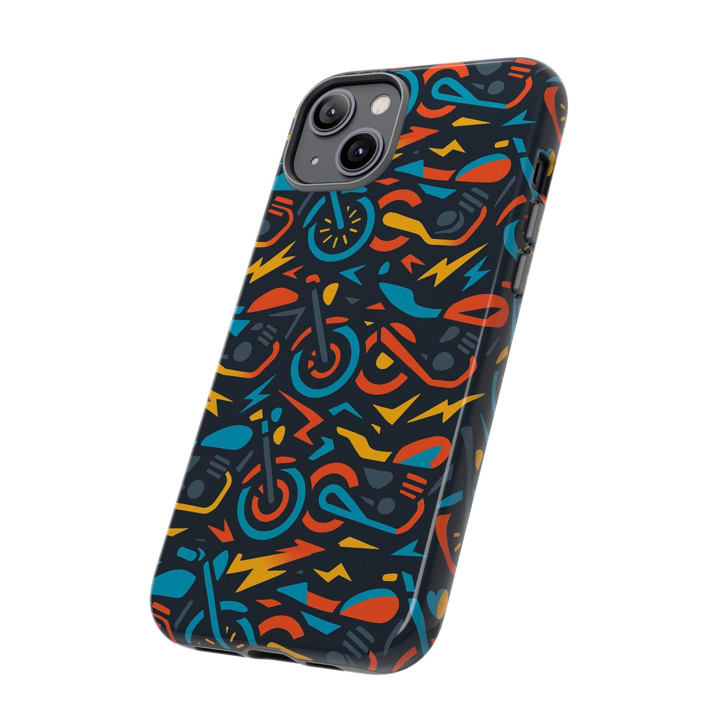 multicolour 3d wrap phone case with fun motorcycle design, stylish protective accessory for men and women, compatible with iphone 13, 14, 15 & 16 – all models including pro, pro max & plus
