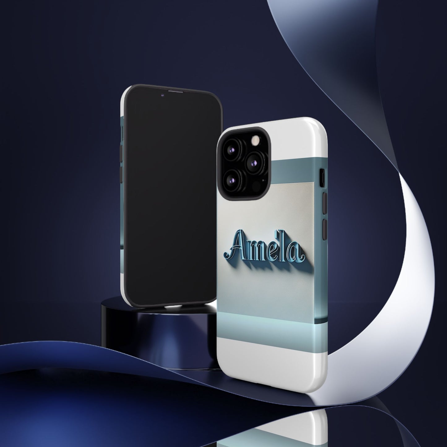 sleek 3d glossy phone case in blue with elegant name design fashion accessory for personal expression compatible with iphone 13, 14, 15 & 16 – all models including pro, pro max & plus