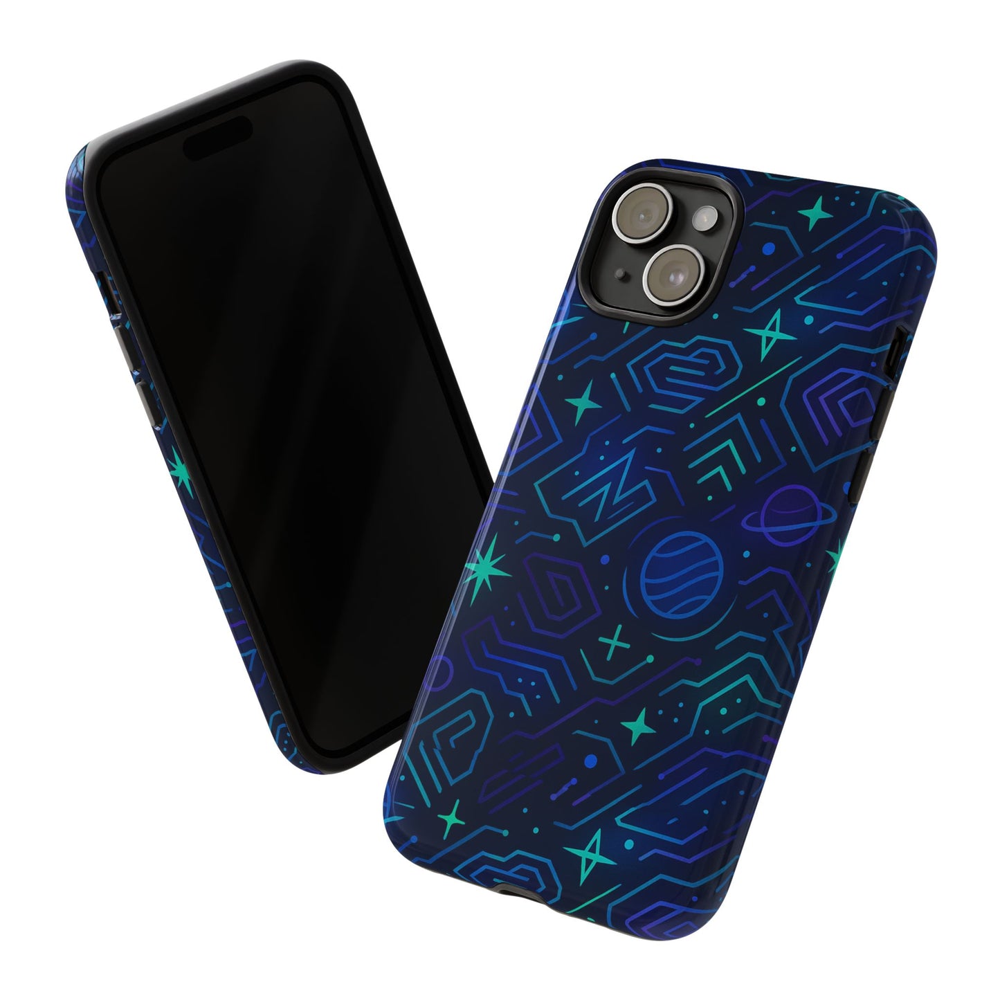 vibrant space design protective phone case in blue and green 3d wrap for stylish protection compatible with iphone 13, 14, 15 & 16 – all models including pro, pro max & plus