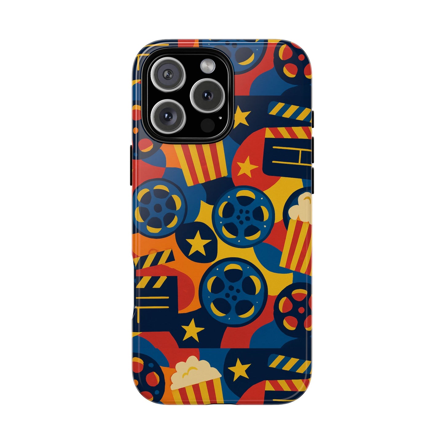vibrant movie-themed protective phone case with colourful film reel and popcorn design for stylish protection compatible with iphone 13, 14, 15 & 16 – all models including pro, pro max & plus