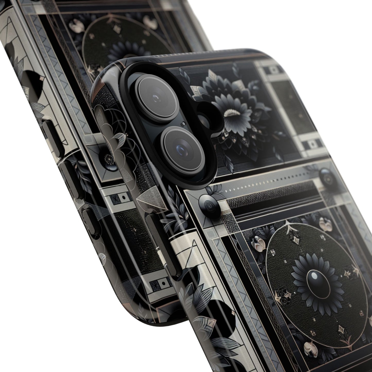 pattern image 4 vibrant shockproof phone case for anime and comic fans, geometric black and silver design, durable protective cover compatible with iphone 13, 14, 15 & 16 – all models including pro, pro max & plus