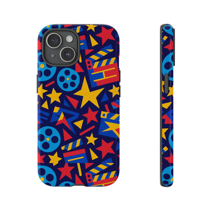 Vibrant Movie Theme Protective Phone Case with 3D Wrap Design – Colourful Stars and Film Reels – Stylish Protection Compatible with iPhone 13, 14, 15 & 16 – All Models Including Pro, Pro Max & Plus