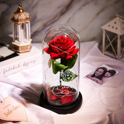 Custom Photo Line Drawing LED Night Light Romantic Eternal Red Rose In Glass Dome - Elegant Home Decor Gift For Valentine's Day, Mother's Day, Birthdays