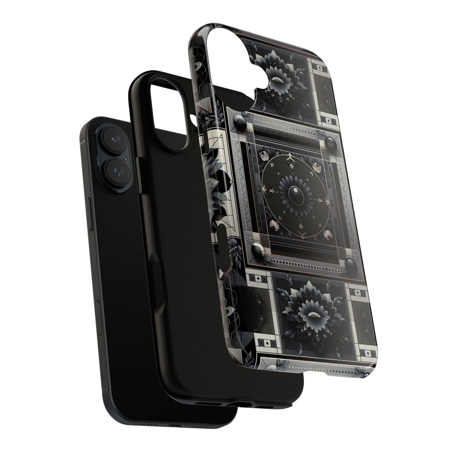 pattern image 4 vibrant shockproof phone case for anime and comic fans, geometric black and silver design, durable protective cover compatible with iphone 13, 14, 15 & 16 – all models including pro, pro max & plus