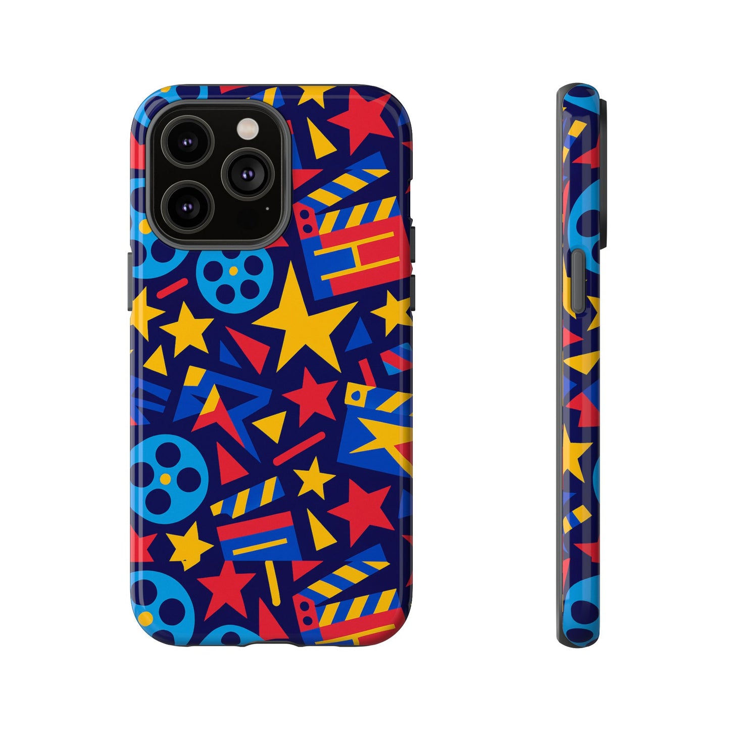 vibrant movie theme protective phone case with 3d wrap design – colourful stars and film reels – stylish protection compatible with iphone 13, 14, 15 & 16 – all models including pro, pro max & plus