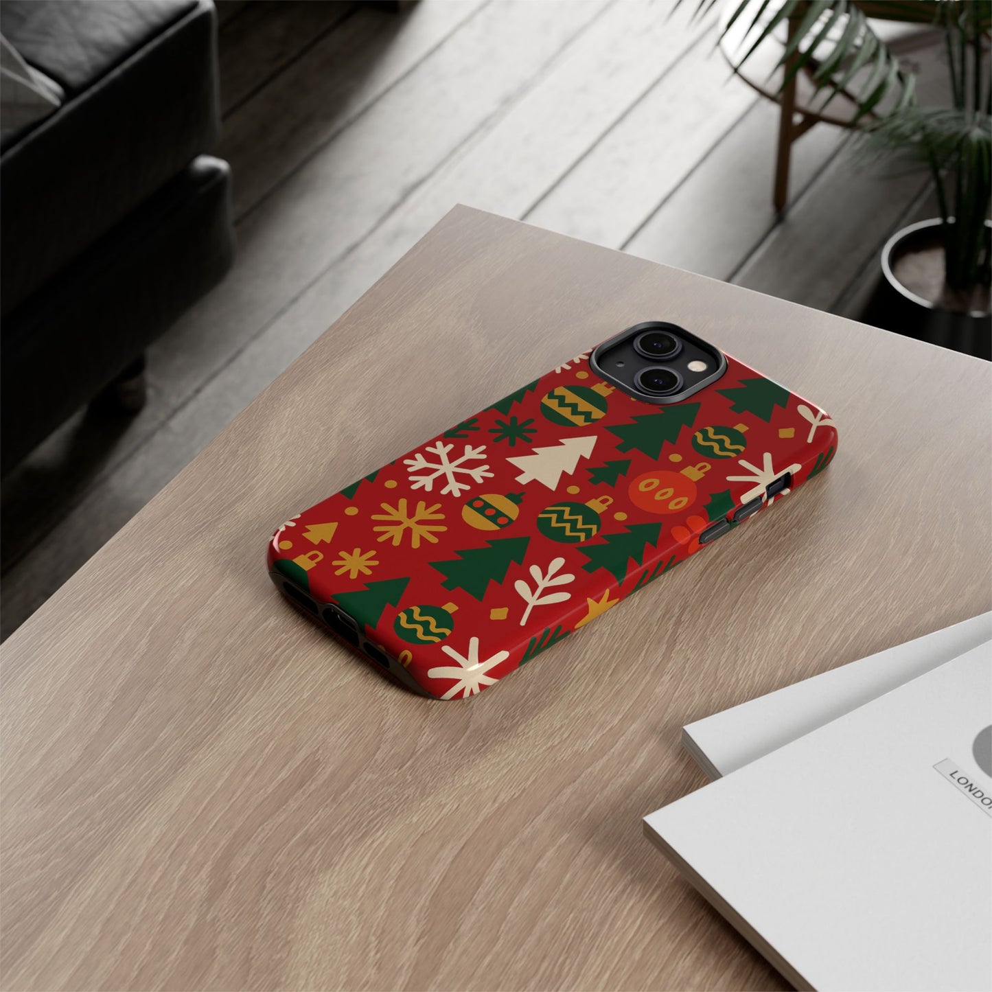 vibrant red 3d wrap protective phone case with christmas tree and ornament design for stylish protection compatible with iphone 13, 14, 15 & 16 – all models including pro, pro max & plus