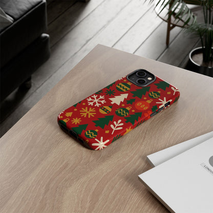 Vibrant Red 3D Wrap Protective Phone Case with Christmas Tree and Ornament Design for Stylish Protection Compatible with iPhone 13, 14, 15 & 16 – all models including Pro, Pro Max & Plus