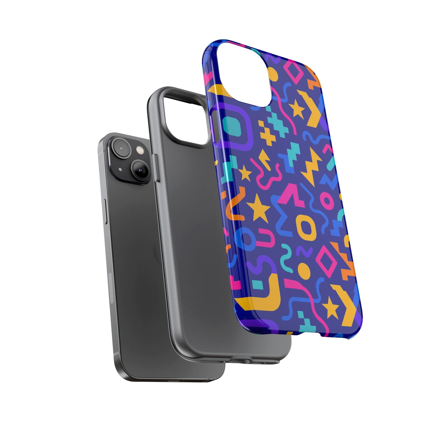 vibrant geometric protective phone case with 3d wrap design – playful accessory for self-expression compatible with iphone 13, 14, 15 & 16 – all models including pro, pro max & plus