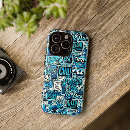 Vibrant Retro Graffiti Phone Case in Blue for Men and Women Stylish Protection Accessory Compatible with iPhone 13, 14, 15 & 16 – all models including Pro, Pro Max & Plus