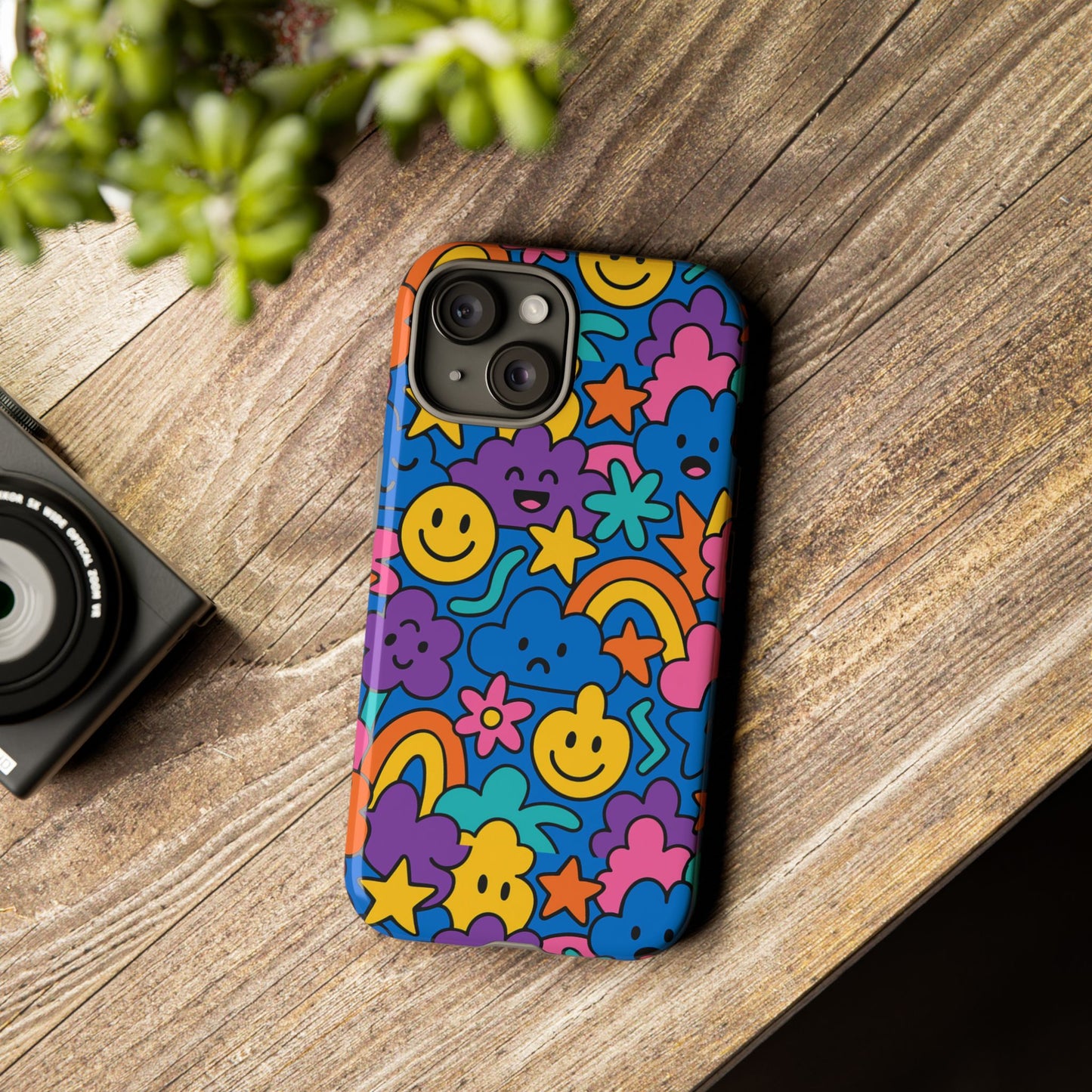 vibrant cartoon protective phone case with playful multicolour design – unisex fashion accessory – compatible with iphone 13, 14, 15 & 16 – all models including pro, pro max & plus