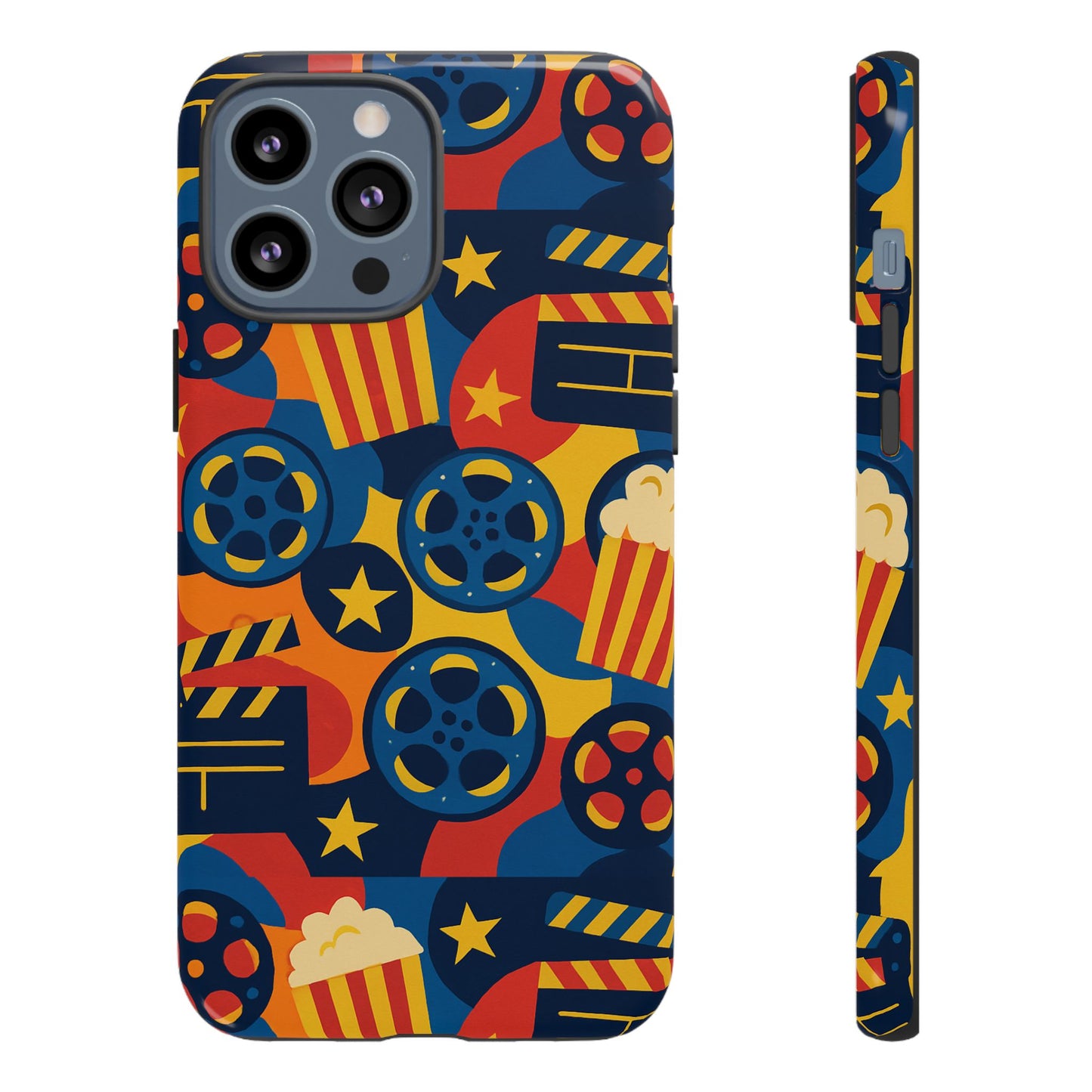 vibrant movie-themed protective phone case with colourful film reel and popcorn design for stylish protection compatible with iphone 13, 14, 15 & 16 – all models including pro, pro max & plus