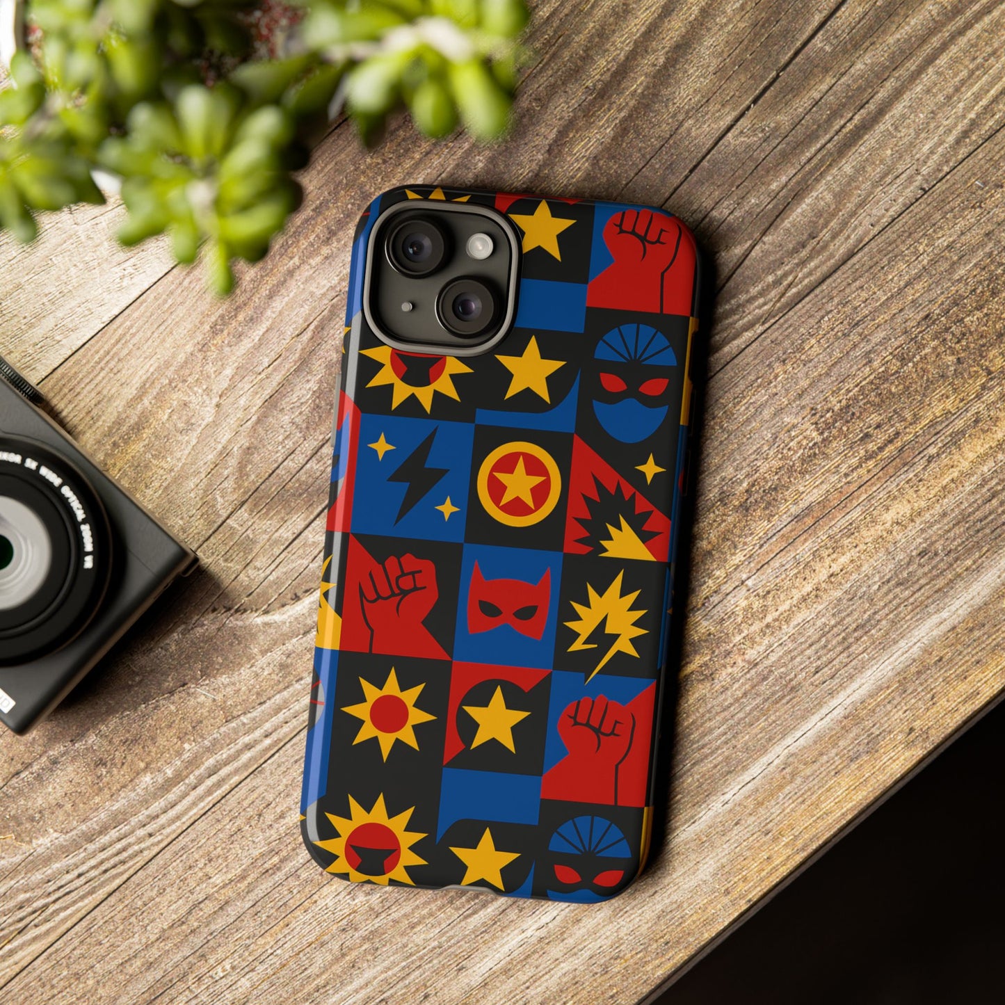 vibrant superhero phone case with retro 3d design for stylish protection compatible with iphone 13, 14, 15 & 16 – all models including pro, pro max & plus