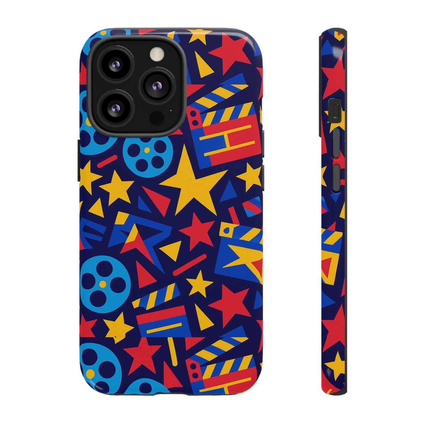 vibrant movie theme protective phone case with 3d wrap design – colourful stars and film reels – stylish protection compatible with iphone 13, 14, 15 & 16 – all models including pro, pro max & plus