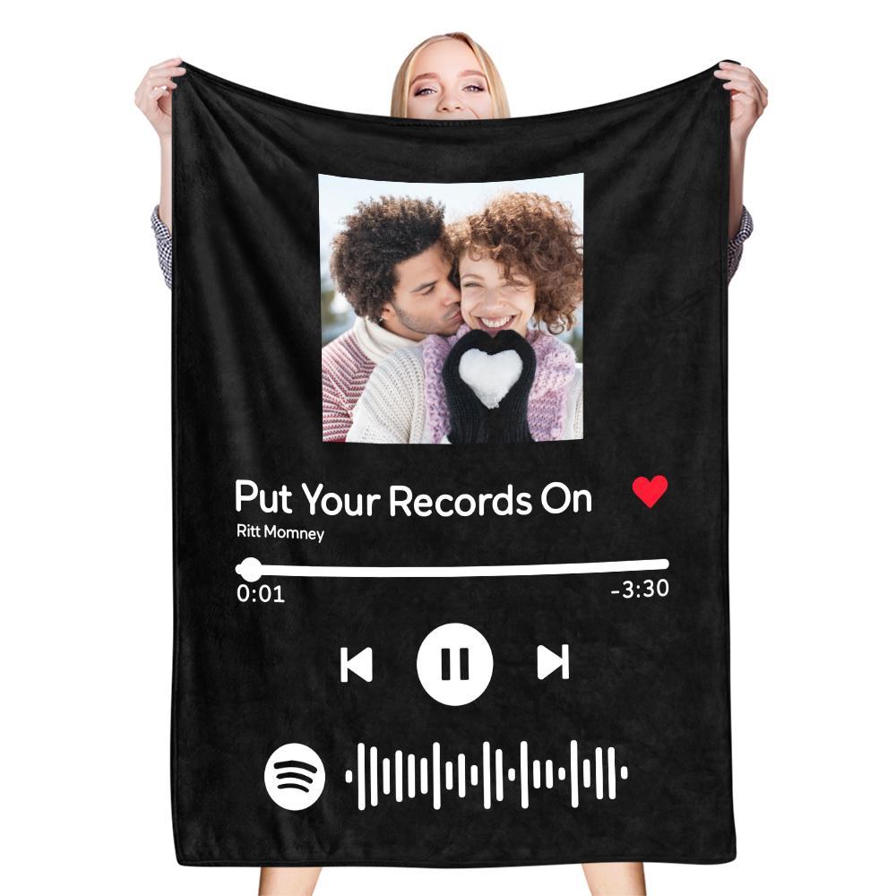 scannable music code photo engraved black blanket gift for couple - soft fleece, machine washable, long-lasting print, ideal for music lovers