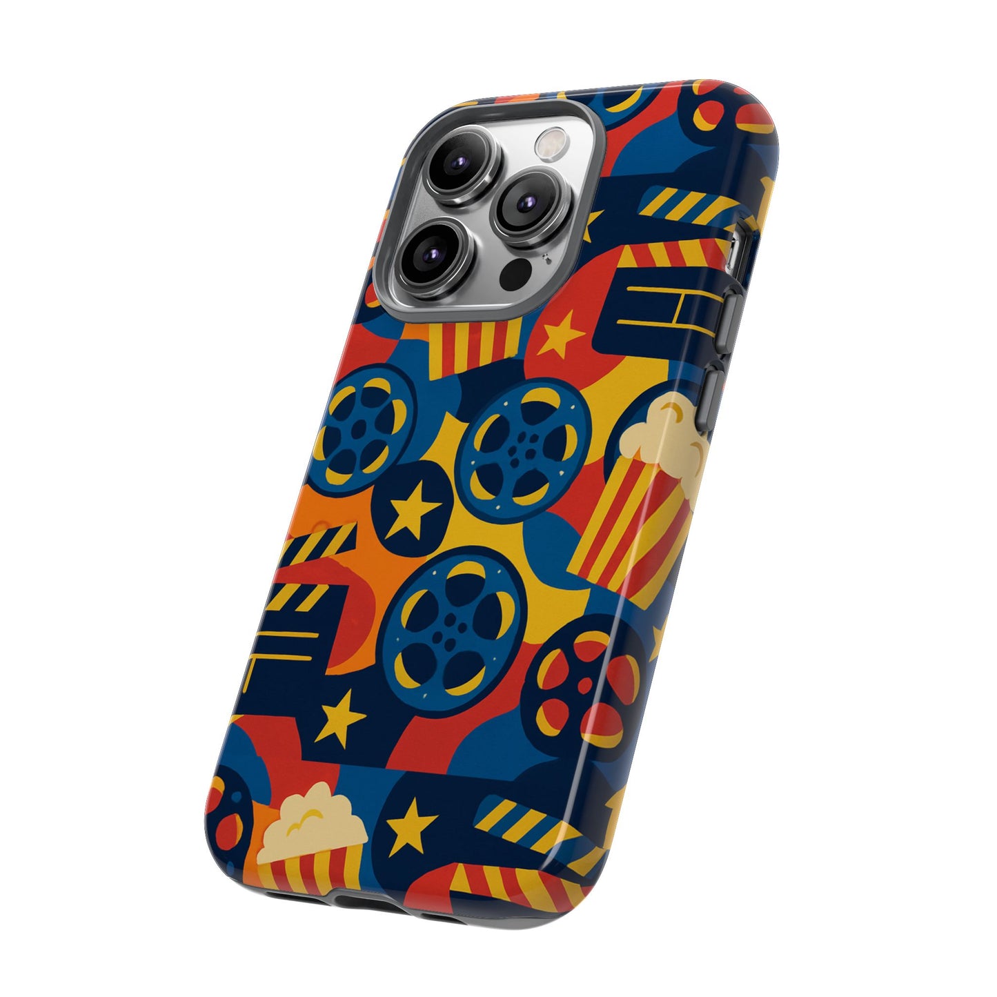 vibrant movie-themed protective phone case with colourful film reel and popcorn design for stylish protection compatible with iphone 13, 14, 15 & 16 – all models including pro, pro max & plus