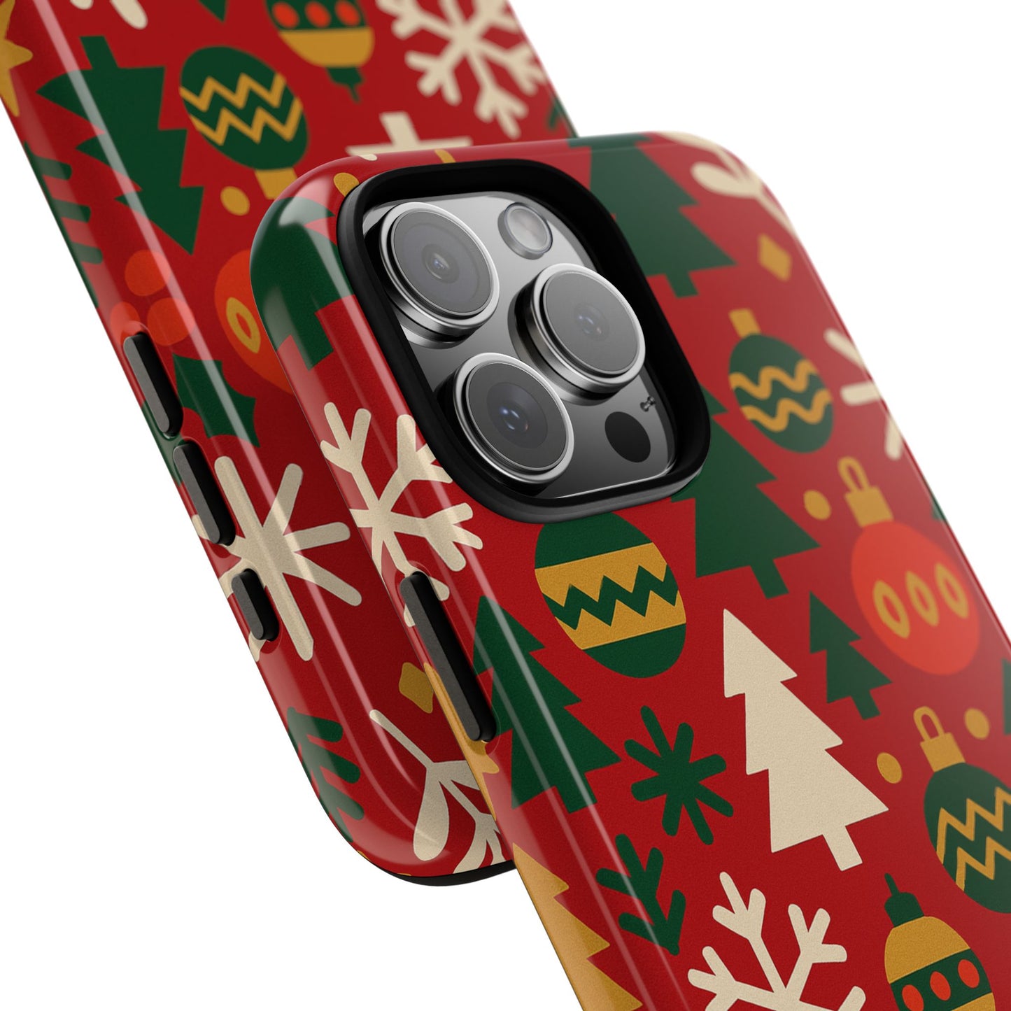 vibrant red 3d wrap protective phone case with christmas tree and ornament design for stylish protection compatible with iphone 13, 14, 15 & 16 – all models including pro, pro max & plus