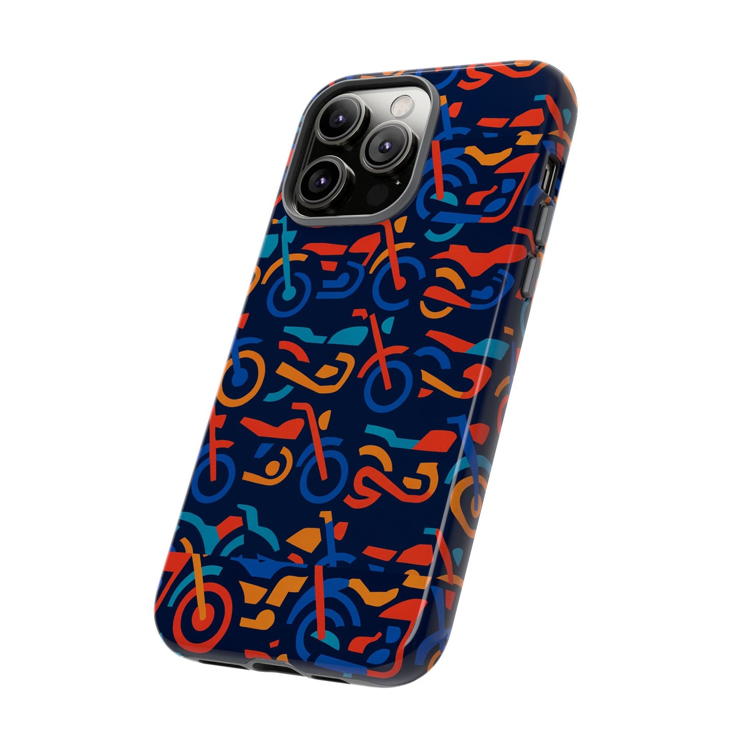 vibrant 3d multicolour motorcycle pattern protective phone case for creative individuals – stylish protection compatible with iphone 13, 14, 15 & 16 – all models including pro, pro max & plus