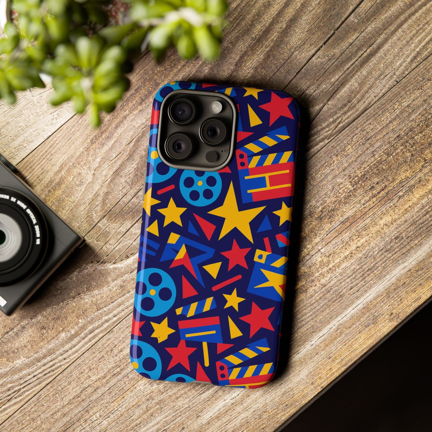 vibrant movie theme protective phone case with 3d wrap design – colourful stars and film reels – stylish protection compatible with iphone 13, 14, 15 & 16 – all models including pro, pro max & plus
