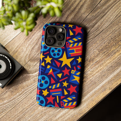 Vibrant Movie Theme Protective Phone Case with 3D Wrap Design – Colourful Stars and Film Reels – Stylish Protection Compatible with iPhone 13, 14, 15 & 16 – All Models Including Pro, Pro Max & Plus
