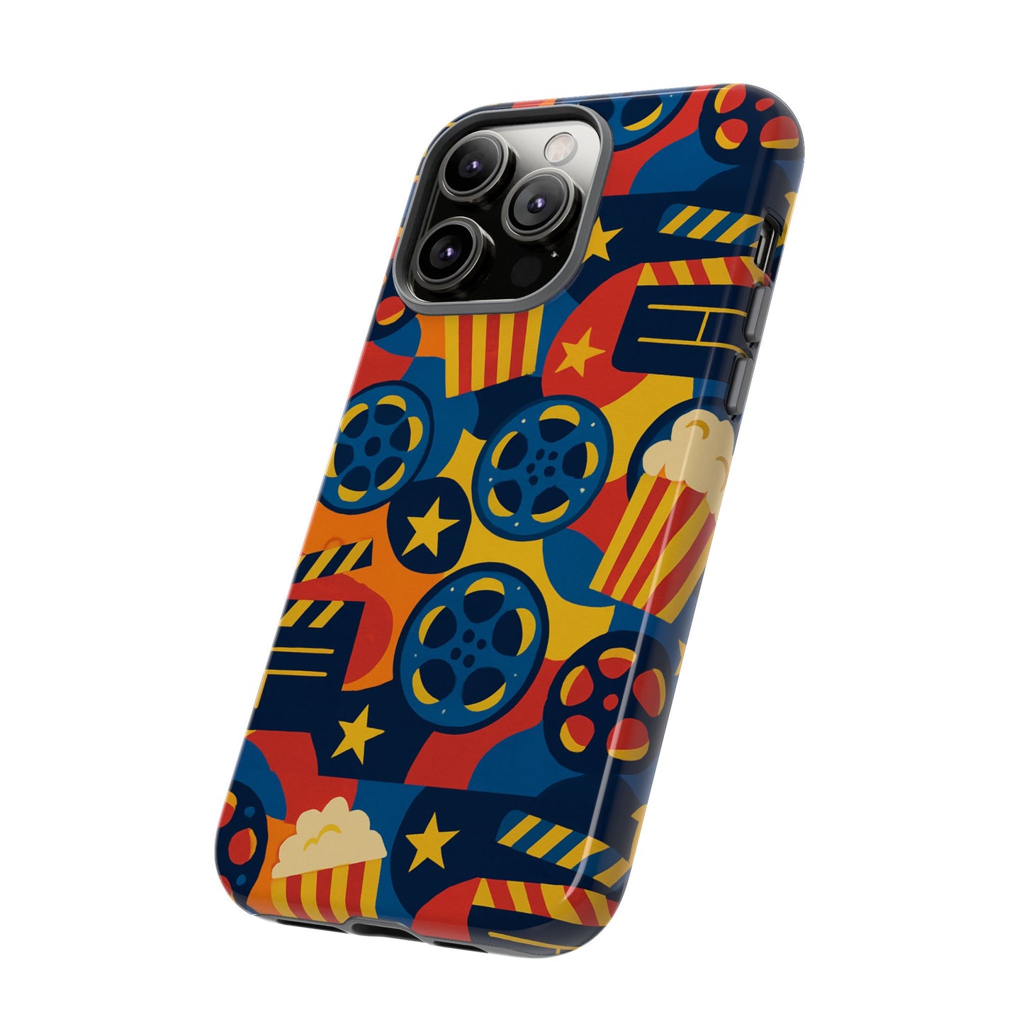 vibrant movie-themed protective phone case with colourful film reel and popcorn design for stylish protection compatible with iphone 13, 14, 15 & 16 – all models including pro, pro max & plus