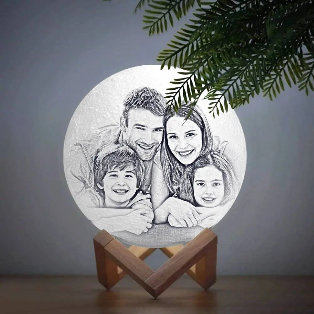 custom 3d printed photo lunar light moon lamp - christmas gift for family, adjustable led with wooden base, unique personalised home decor for kids and adults