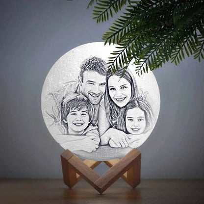 Custom 3D Printed Photo Lunar Light Moon Lamp - Christmas Gift for Family, Adjustable LED with Wooden Base, Unique Personalised Home Decor for Kids and Adults