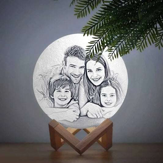 Custom 3D Printed Photo Lunar Light Moon Lamp - Christmas Gift for Family, Adjustable LED with Wooden Base, Unique Personalised Home Decor for Kids and Adults
