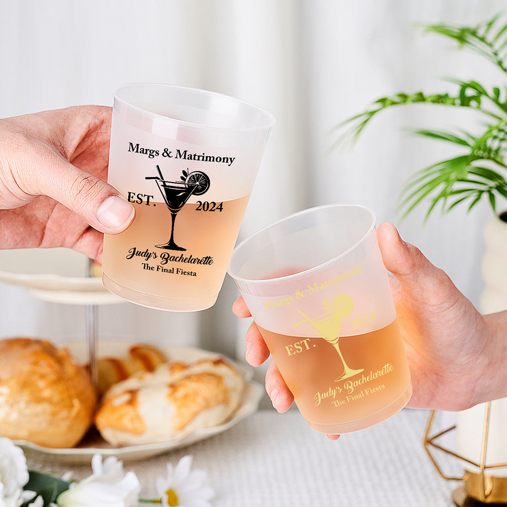 personalized margs & matrimony disposable plastic cups for bachelorette party supplies gift - 12oz and 16oz options