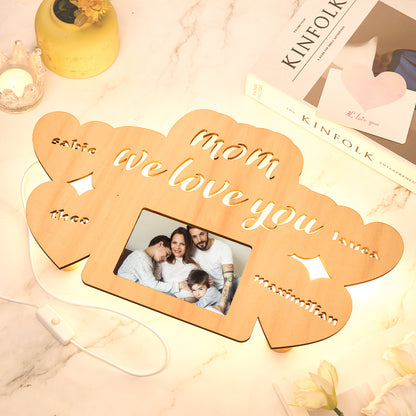 Custom Engraved Name Night Lamp Photo Frame Night Light for Mom, Wooden Plywood Frame with USB Port, Ideal Gift for Mother's Day, Family Portrait Decor