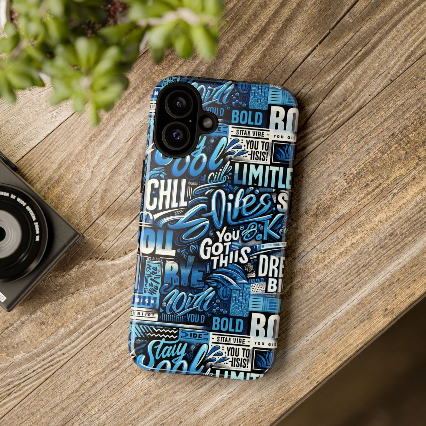 vibrant protective phone case with playful typography design in blue – stylish self-expression accessory compatible with iphone 13, 14, 15 & 16 – all models including pro, pro max & plus