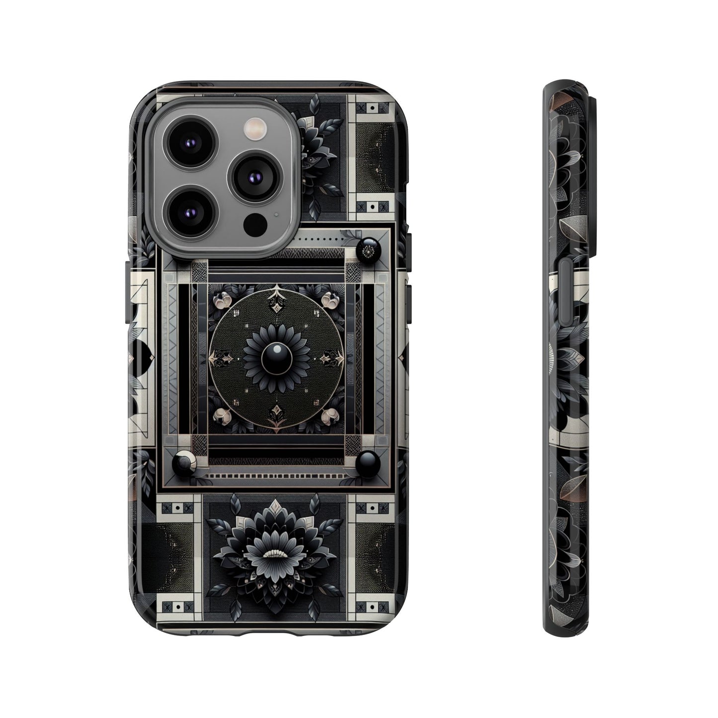 pattern image 4 vibrant shockproof phone case for anime and comic fans, geometric black and silver design, durable protective cover compatible with iphone 13, 14, 15 & 16 – all models including pro, pro max & plus