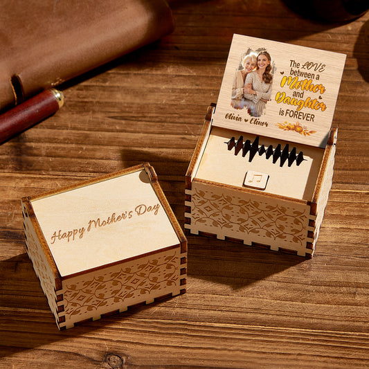 Personalized Wooden Photo Music Box Gift for Mother and Daughter, Custom Music Box Plays Any Audio, Heartfelt Keepsake for Mother’s Day