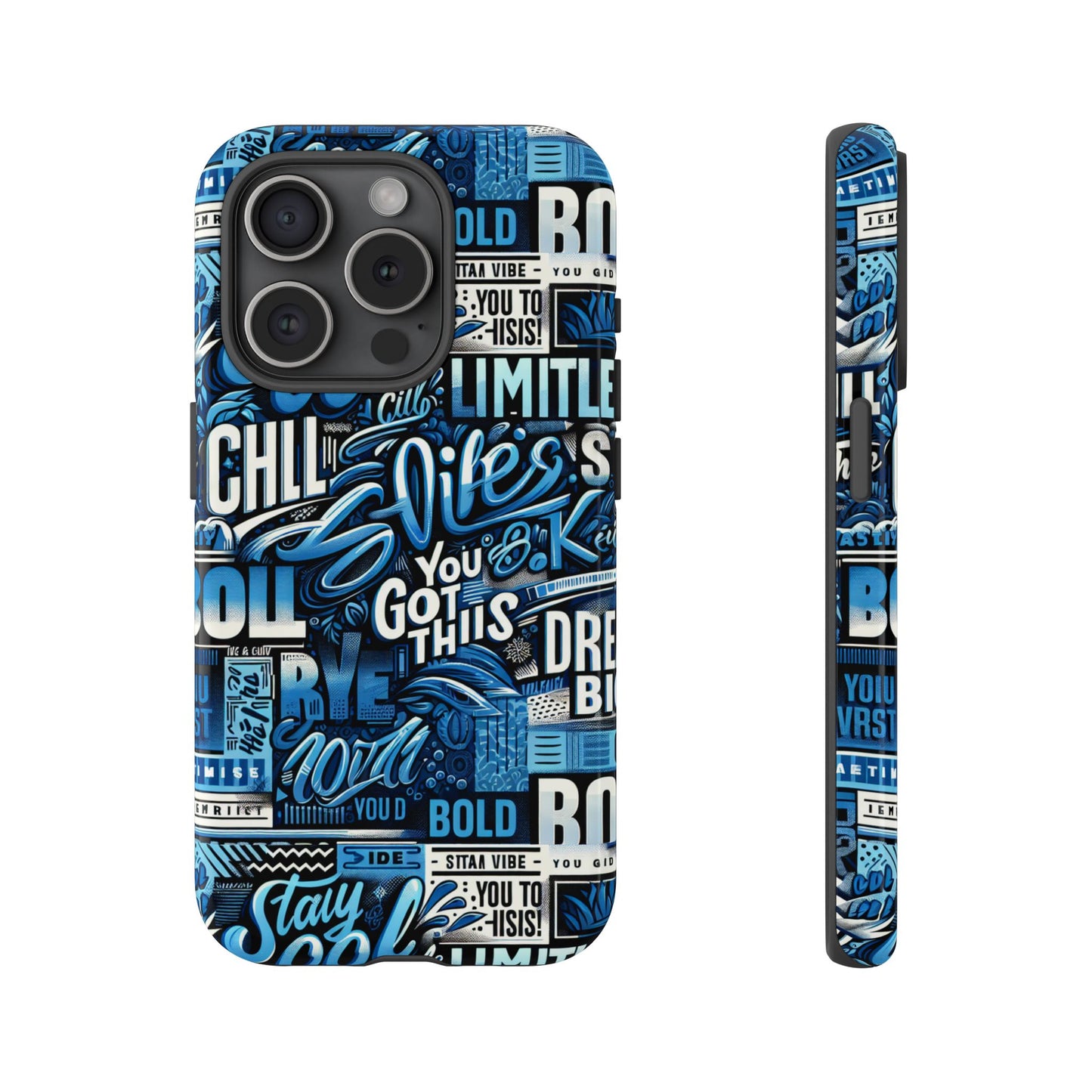vibrant protective phone case with playful typography design in blue – stylish self-expression accessory compatible with iphone 13, 14, 15 & 16 – all models including pro, pro max & plus