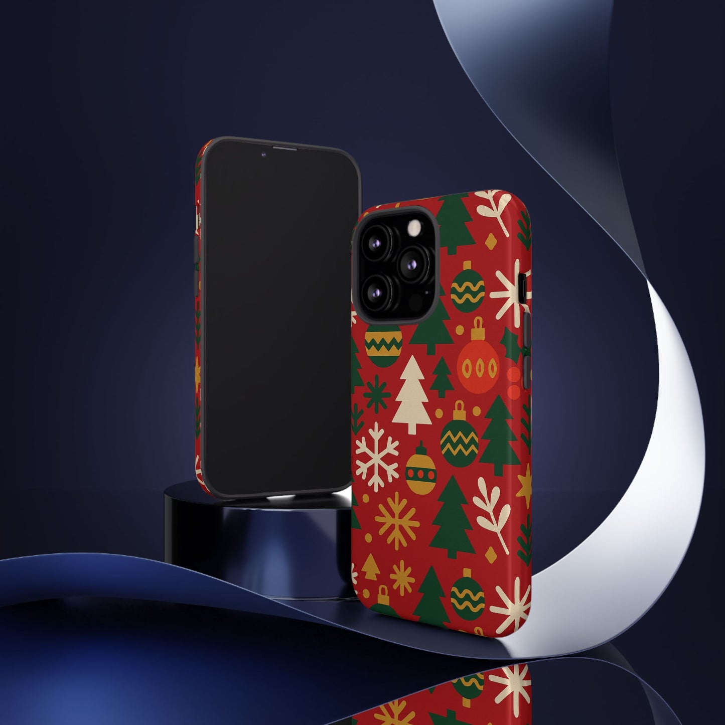 vibrant red 3d wrap protective phone case with christmas tree and ornament design for stylish protection compatible with iphone 13, 14, 15 & 16 – all models including pro, pro max & plus